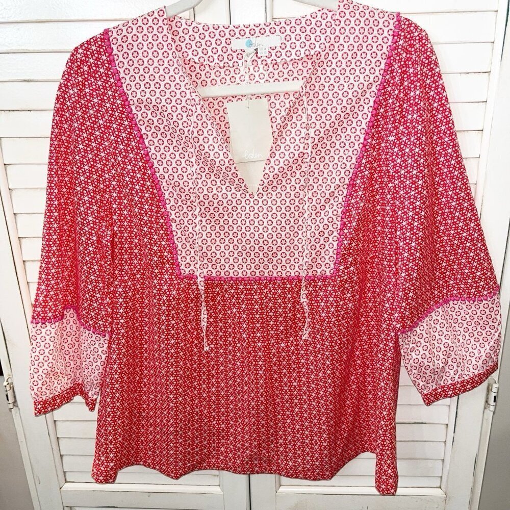 NWT Boden Gauzy Tie Neck Top Womens Red Pullover Boho Star Print Blouse Size 10
